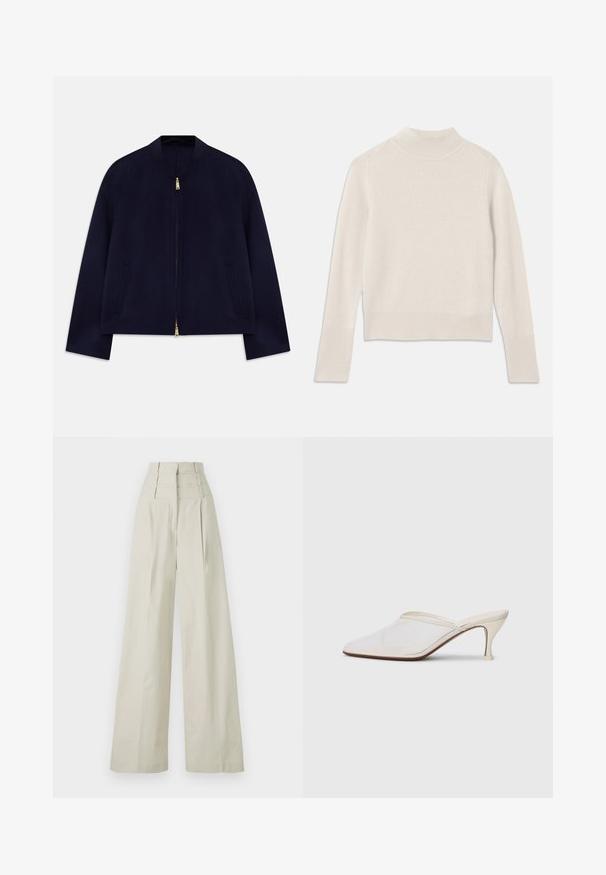 Giacca bomber blu navy con colletto rotondo, chiusura con zip completa, due tasche laterali e dettagli in oro. Tessuto liscio e leggero.; Maglione lavorato a maglia color crema con colletto alto, polsini e orlo inferiore a coste. Design semplice, texture morbida e lunghezza corta.; Pantaloni beige a gamba larga realizzati in tessuto liscio, con vita alta e tre bande orizzontali, e pieghe frontali.; Mule bianco in rete con punta appuntita, tacco medio sottile e design slip-on su uno sfondo semplice.