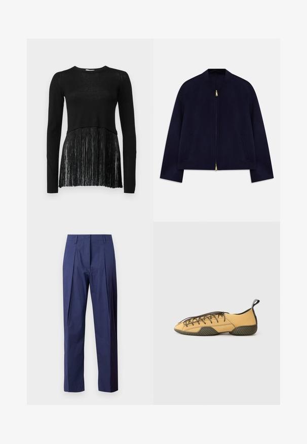 Mörkblå bomberjacka med rund krage, hel dragkedja, två sidofickor och detaljer i guld. Slät, lättviktsmaterial.; Svart långärmad topp med ett stickat kropp och en fransande nederdel. Texturen är slät upptill och fransig i fållen.; Marinblå byxor i lätt tyg, med rak skärning, frontveck och en mjuk yta.; Gul mockalace-up sko med mörkgrön gummisula och hälflik, visad från sidan på en ljusgrå bakgrund.