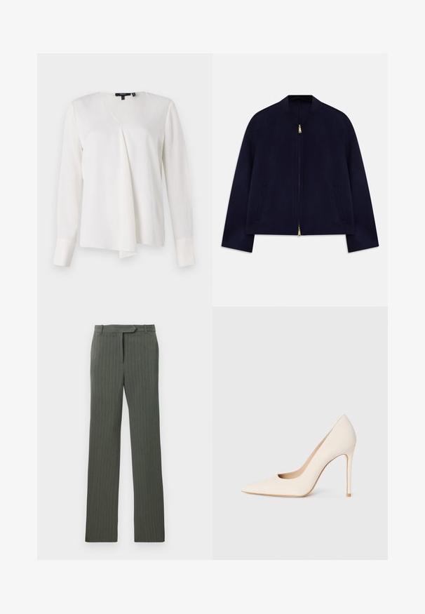 Mørkeblå bomberjakke med rund krave, fuld lynlås, to sidelommer og guldfarvede detaljer. Glat, letvægtsstof.; Hvid langærmet bluse med V-halsdesign, der har en draperet front, glat tekstur og strukturerede manchetter. Enkel og alsidig stil.; Mørkegrå skræddersyede bukser med pinstriber, bæltesløjfer og lige pasform, liggende fladt på en hvid baggrund.; Beige spidse højhælede sko med en stiletto hæl og glat tekstur, vist på en ensfarvet lys baggrund.