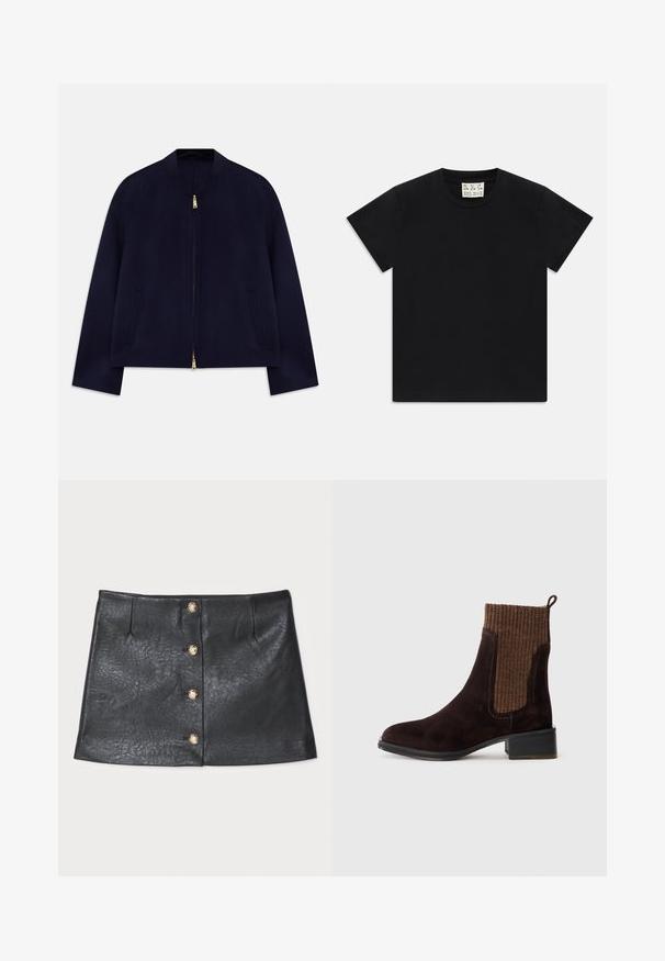 Marineblaue Bomberjacke mit runder Kragen, durchgehendem Reißverschluss, zwei seitlichen Taschen und goldenen Hardware-Details. Glattes, leichtes Material.; Schwarzes Kurzarm-T-Shirt mit Rundhalsausschnitt und einem weißen Etikett im Kragen, darauf steht "D.R.C. EST. 2002", vor einem weißen Hintergrund.; Schwarzer Leder-Minikilt mit einem eleganten Design, vorderem Knopfverschluss mit goldenen Akzenten und strukturierter Oberfläche mit sanftem Glanz.; Braune Wildleder-Stiefelette mit einem strukturierten braunen Rippstrick-Obermaterial, glatter Oberfläche, niedrigem Blockabsatz und Zuglasche an der Ferse für einfaches Anziehen.