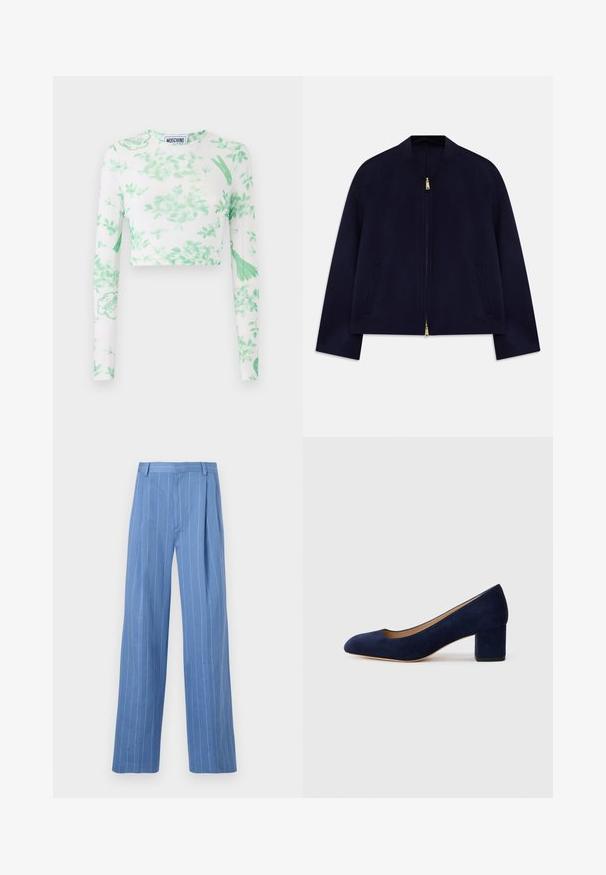 Casaco bomber azul-marinho com colarinho redondo, fecho com zíper completo, dois bolsos laterais e detalhes em metal dourado. Tecido liso e leve.; Top cropped de manga longa branco com um padrão floral verde, detalhes em logótipo e um tecido macio e elástico. Decote redondo e design ajustado.; Calças largas de treino azul claro com riscas brancas verticais. Feitas de material liso, apresentam um plissado frontal e um design de cintura limpa.; Salgados de camurça azul-marinho com bico fino e um salto quadrado de altura média. Textura suave com um ligeiro brilho e um pequeno corte na parte da frente.