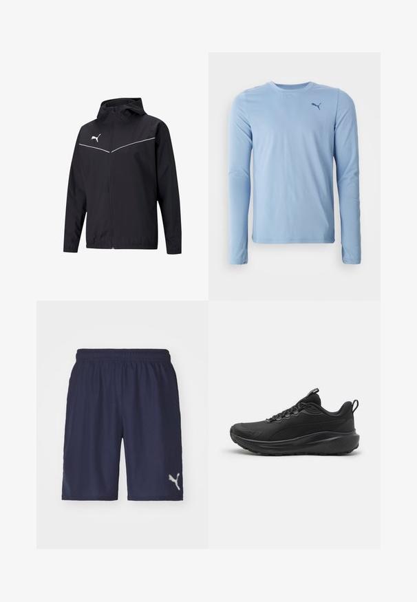 Schwarze leichte Jacke mit Kapuze, Reißverschluss, reflektierenden weißen Akzenten und einem Logo auf der linken Brust; glatte Textur.; Hellsblaues Langarmshirt aus weichem, elastischem Material. Mit Rundhalsausschnitt und kleinem dunklen Logo auf der linken Brust.; Marinefarbene Sportshorts aus leichtem Material mit elastischem Bund und einem reflektierenden Logo auf der unteren linken Seite.; Schwarze Sportschuhe mit einem strukturierten Mesh-Obermaterial, gepolstertem Kragen, Schnürsenkeln und einer Gummisohle. Bietet ein elegantes Design und eine robuste Verarbeitung.