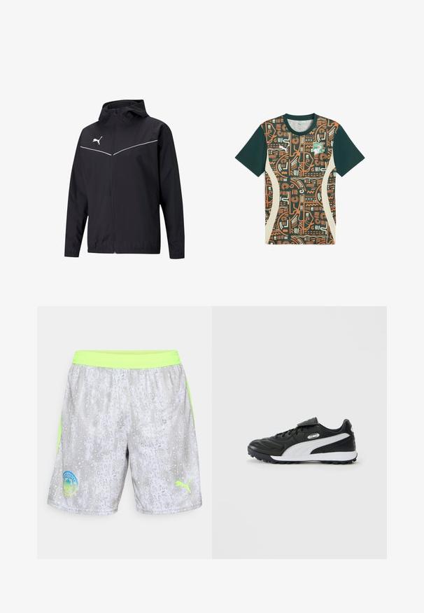 Schwarze leichte Jacke mit Kapuze, Reißverschluss, reflektierenden weißen Akzenten und einem Logo auf der linken Brust; glatte Textur.; Puma Sportshirt mit grünem Körper, orangefarbenem Tribal-Muster und beigen Seitenpanelen. Enthält ein Wappen mit einem stilisierten Tierdesign.; Helle graue Sportshorts mit neongrünem Bund und seitlichen Streifen, versehen mit dem Wappen von Manchester City und dem Puma-Logo auf der Vorderseite.; Schwarzer Low-Top-Fußballschuh mit weißem Seitenstreifen, strukturierten Sohlen, schnürbarem Vorderteil und Velcro-Lasche über den Schnürsenkeln auf einfarbigem Hintergrund.