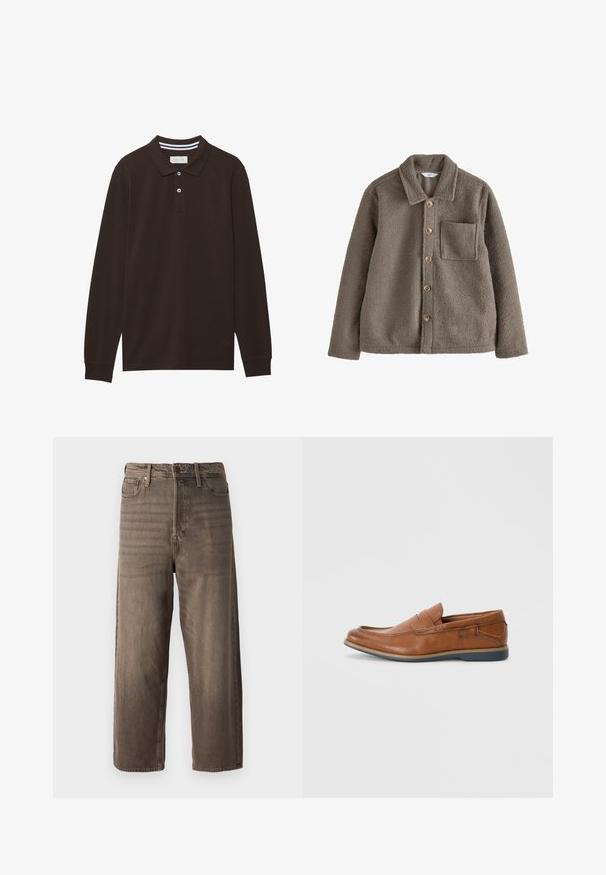 Falošná kožušina bunda v tlmenej hnedej farbe, so zastavaným golierom, predným zapínaním na gombíky a jednou náprsníkou s textúrovaným povrchom.; Dlhý rukáv polo tričko z tmavohnedej bavlny, s golierom, trojradovým zapínaním na gombíky a bielymi pruhmi. Hladká textúra.; Hnedé široké džínsy vyrobené z denimu. Obsahujú zips, pútka na opasok a päť vreciek. Materiál vykazuje vyblednutý, textúrovaný vzhľad.; Hnedé kožené poltopánky s okrúhlou špičkou, prešité akcenty a nízkou gumovou podrážkou. Dizajn obsahuje pásku cez hornú časť.