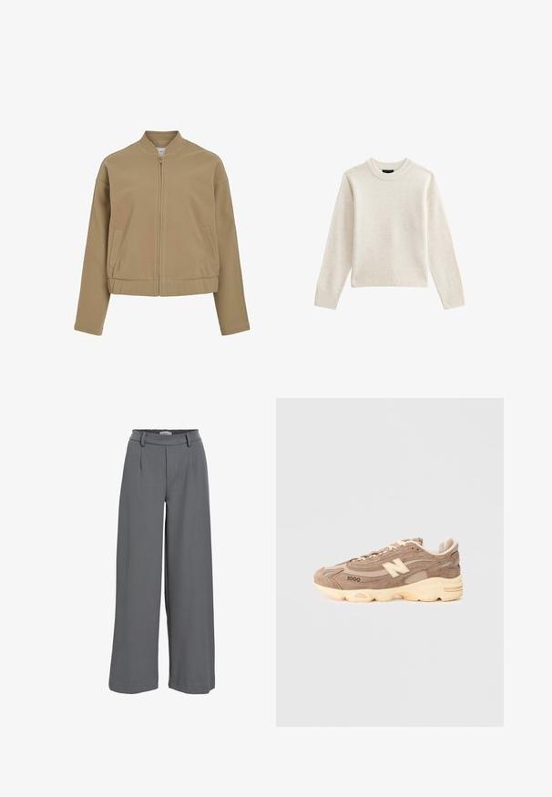 Beżowa kurtka na zamek z okrągłym kołnierzem, opadającymi ramionami i bocznymi kieszeniami. Wykonana z gładkiego, miękkiego materiału o dopasowanym kroju.; Jasno-beżowy sweter dzianinowy z prążkowanym okrągłym dekoltem i brzegiem, z długimi rękawami i luźnym krojem. Miękka faktura i minimalistyczny design.; Szerokie spodnie w jasnoszarym materiale, z gumką w pasie, fałdami z przodu i gładką, miękką teksturą.; Brązowe zamszowe sneakersy z wyściełaną kremową podeszwą, z beżowymi akcentami, teksturowanymi panelami oraz wyraźnym logo po boku.