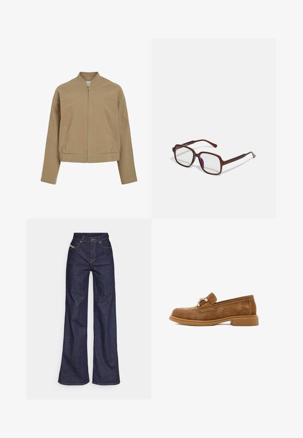 Veste beige zippée avec un col rond, des épaules tombantes et des poches latérales. Fabriquée dans un tissu lisse et doux avec une coupe structurée.; Chemise à manches courtes bleu clair en tissu doux, avec un devant boutonné et un col classique. Texture lisse et coupe décontractée.; Jeans ample bleu foncé en denim avec taille haute, ornés de surpiqûres orange, d'un design à cinq poches et d'une fermeture à bouton.; Mocassins en daim marron avec un petit talon en caoutchouc, présentant des accessoires métalliques décoratifs et des coutures contrastées le long de la tige.; Lunettes rectangulaires marron avec des verres transparents et des nuances violacées. Monture en plastique lisse avec des branches droites et des accents subtils.