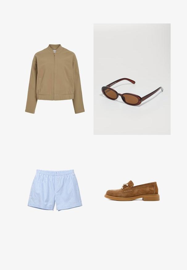 Beige zip-up jacket with a round collar, dropped shoulders, and side pockets. Made of smooth, soft fabric with a structured fit.; Light blue short-sleeved shirt made of soft fabric, featuring a button-down front and a classic collar. Smooth texture and relaxed fit.; Light blue striped boxers made of soft cotton. Features an elastic waistband, button closure, and a relaxed fit. Subtle logo on the side.; Brown suede loafers with a low rubber heel, featuring decorative metallic hardware and contrast stitching along the upper.; Round, brown-tinted sunglasses with a glossy burgundy frame. Slim arms with subtle branding detail. Flat lens design.; Call it Spring SAWYERR - Handbag - tan; Casio quartz watch with a rectangular silver dial, gold accents, and a two-tone metal bracelet in silver and gold. Water-resistant feature.