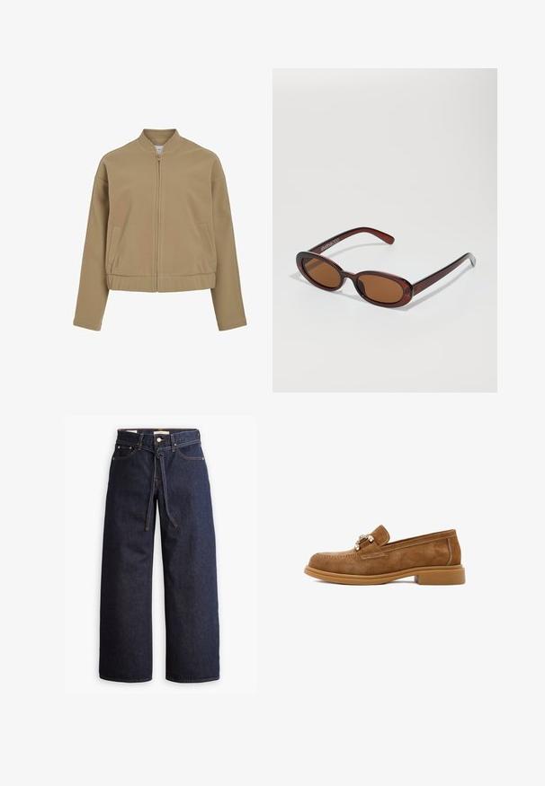 Beżowa kurtka na zamek z okrągłym kołnierzem, opadającymi ramionami i bocznymi kieszeniami. Wykonana z gładkiego, miękkiego materiału o dopasowanym kroju.; Jasnoniebieska koszula krótki rękaw z miękkiego materiału, charakteryzująca się zapinanym przodem i klasycznym kołnierzykiem. Gładka tekstura i luźny krój.; Spodnie dżinsowe w kolorze ciemnoniebieskim o szerokich nogawkach i wysokim stanie, z wiązaniem na sznurki, pięcioma kieszeniami oraz kontrastowymi detalami w staszcu.; Brązowe zamszowe mokasyny z niskim gumowym obcasem, ozdobione metalowymi akcentami i kontrastowym szyciem wzdłuż cholewki.; Okrągłe, brązowe okulary przeciwsłoneczne z błyszczącą bordową oprawą. Cienkie ramiona z subtelnym detalem marki. Płaski kształt soczewek.; Call it Spring - Torebka