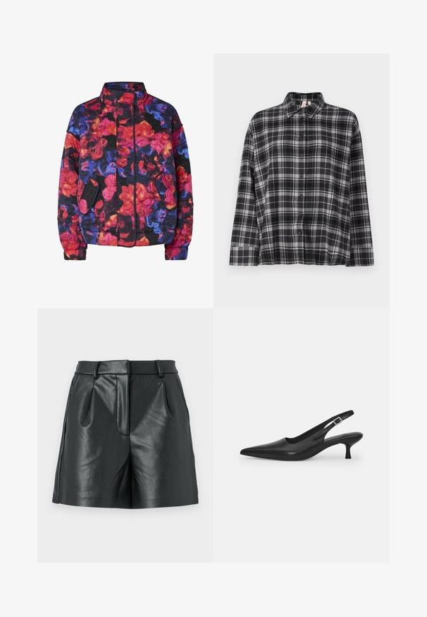 Veste matelassée avec un col montant, des poches latérales et un motif floral dans des tons de rouge, orange, bleu, violet et noir.; Chemise à carreaux noire et grise avec col, manches longues et coupe décontractée. Le tissu semble doux avec une légère texture.; ONLY ONLPENNY - Short - black; Chaussure slingback en cuir noir avec un bout pointu et un talon fin et incurvé. Dispose d'une sangle ajustable discrète avec une boucle en métal.
