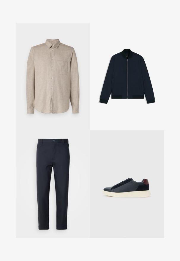 Marineblaue Bomberjacke aus glattem Material, mit einem Reißverschluss auf der Vorderseite, seitlichen Taschen, gerippten Bündchen und einem runden Halsausschnitt.; Beige langärmliges Button-Up-Hemd aus strukturiertem Material mit spitzen Kragen, Brusttasche und abgerundetem Saum. Verfügt über hellfarbige Knöpfe.; Hose in Marineblau, tailliert, aus glattem Stoff, mit einem Reißverschlussfach, geraden Beinen und einem Knopfverschluss am Bund.; Schwarze Leder- und Wildledersneaker für Herren mit einem ziegelroten Fersenpatch und weißer Gummisohle, von der Außenseite betrachtet.