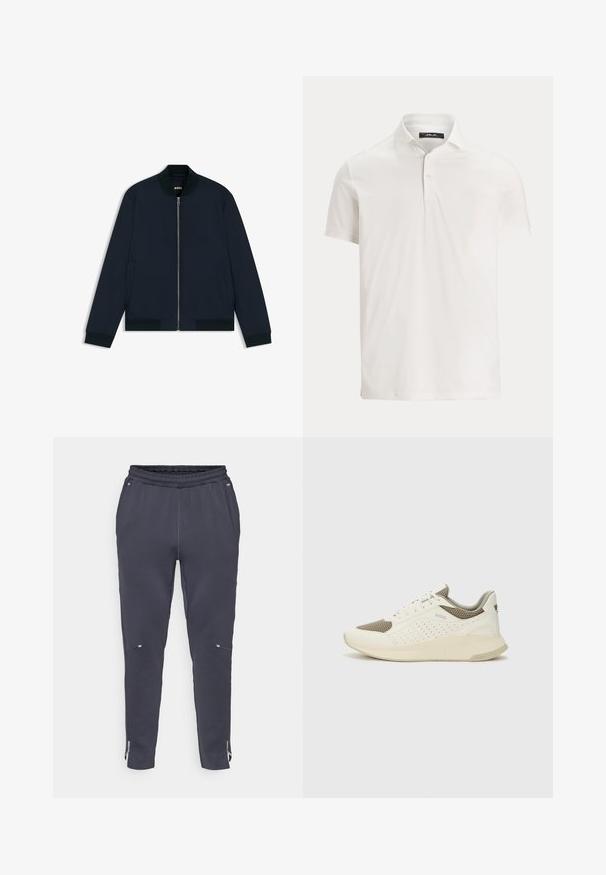 Marinblå bomberjacka i slät tyg, med frontdragkedja, sidofickor, ribbade ärmar och rund halsringning.; Herr vit pikétröja med korta ärmar, krage, två knappar och en diskret logomärke på insidan av kragen.; Marina joggerbyxor med elastisk midja, sidofickor och dragkedja vid bensluten. Tillverkade av mjukt material med en slät yta och en minimalistisk design.; Vit och ljusbeige atletisk sneaker med ett meshöverdrag, perforerade detaljer och en texturerad mellansula med varumärke på hälen.