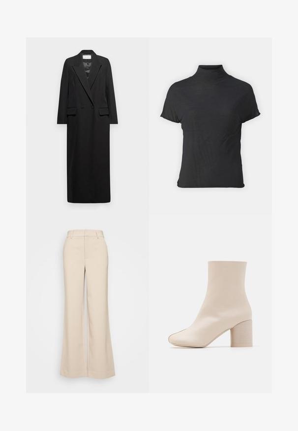 Fekete hosszú blézer sima anyagból, északi hajtással, duplagombos elülső résszel és két elülső hajtókás zsebbel. Egyszerű, szabott kivitel.; Fekete, rövid ujjú, garbós felső, könnyű anyagból készült, sima tapintású és testhez simuló fazonú, magas nyakkal.; Beige, bő szárú nadrág sima textúrával, magas derékkal és két elülső zsebbel. Tiszta dizájn, elegáns szabású.; MM6 Maison Margiela BOOT - Klasszikus bokacsizmák - sandshell