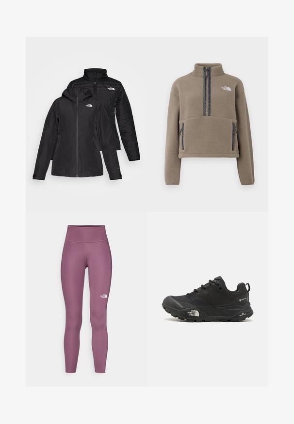 Casaco preto dois em um com uma camada externa à prova d'água e capuz, e uma camada interna acolchoada. Ambas as camadas têm fechos de zíp e logótipos.; Pullover de fleece castanho com meio fecho, gola alta, bolso frontal tipo pouch e fechos texturizados em contraste. Logótipo no lado superior esquerdo do peito.; The North Face FLEX 25IN TIGHT - Leggings - midnight mauve; Shoe de caminhada preto com um upper texturizado, fecho de atacador e uma sola de borracha robusta com um logótipo proeminente na lateral e padrões de piso.