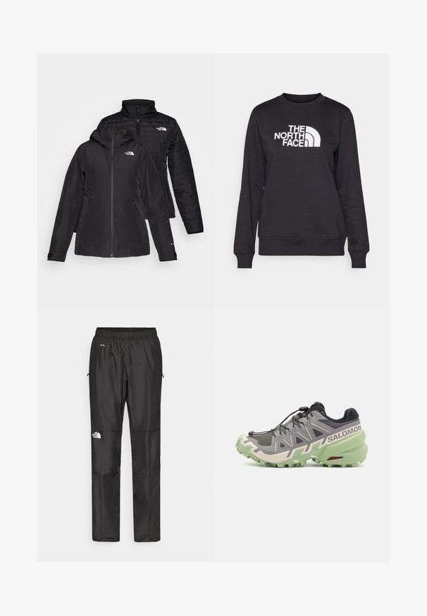 Zwarte twee-in-een jas met een waterdichte buitenlaag met capuchon en een gewatteerde binnenlaag. Beide lagen hebben ritssluitingen en logo's.; Zwarte sweatshirt met ronde hals, lange mouwen, ribgebreide manchetten en een wit "The North Face" logo gecentreerd op de voorkant. Glad materiaal.; Zwarte waterdichte broek van lichtgewicht stof, uitgerust met een elastische tailleband, zijzakken en een logo op het linkerpijp.; Grijze trailrunning schoen met een gestructureerde mesh bovenkant, groene rubberen zool en opvallende designelementen, waaronder een snelvetersysteem en logo.