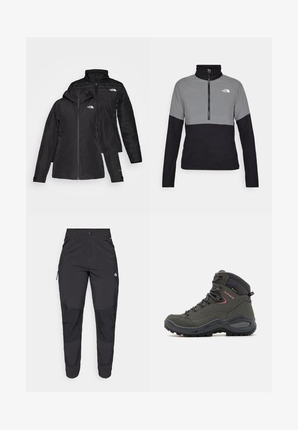 Sort to-i-én jakke med et vandtæt yderlag med hætte og et quiltet inderlag. Begge lag har lynlåslukninger og logoer.; Fleece pullover i grå og sort, med lynlås lukning, høj krave, gittermønster på den øverste halvdel og sidelommer.; Sorte udendørsbukser lavet af slidstærkt stof. Har lynlåslommer, forstærkede knæpaneler og en lige skæring for bedre bevægelighed.; Grøn vandrestøvle med højt ankeldesign, læder- og syntetisk materiale, gummisål og metaløjer til snørrebånd. Minimale detaljer.
