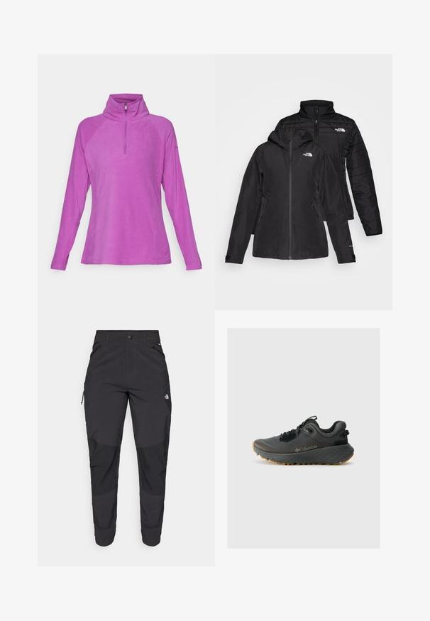Juodas dvi viename džemperis, turintis nepralaidų išorinį sluoksnį su gobtuvu ir siuvinėtą vidinį sluoksnį. Abu sluoksniai turi užtrauktukų uždarymus ir logotipus.; Šviesiai rožinis pūkinis megztinis su pusiau užtrauktuku, ilgomis raglan rankovėmis ir lygiu paviršiumi be matomų raštų ar akcentų.; Juodos lauko kelnės, pagamintos iš patvarios medžiagos. Turi užtraukiamas kišenes, sustiprintus kelio plotus ir tiesią konstrukciją, leidžiančią laisvai judėti.; Columbia TERRASTRIDE CRZ - Turistiniai batai - shark/black