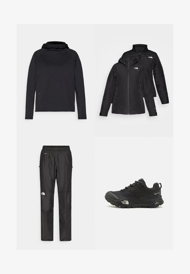 Melnā divu vienā jakā ir ūdensnecaurlaidīgs ārējais slānis ar kapuci un quiltēts iekšējais slānis. Abiem slāņiem ir rāvējslēdzēju aizdare un logotipi.; Melna garās piedurknes kapuccīna krekls, izgatavots no gludas auduma, ar raglāna piedurknēm un kontrastējošām šuvēm, piešķirot papildu detalizāciju.; Melnas ūdensnecaurlaidīgas bikses, kas izgatavotas no viegla materiāla, ar elastīgu jostu, sānu kabatām un logotipu uz kreisās kājas.; Melnas pārgājienu kurpes ar teksturētu augšdaļu, sašņorējumu un masīvu gumijas zoli, kurai ir izteikts logotips sānos un protektora raksti.