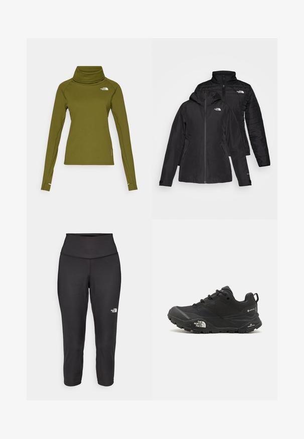 Jachetă neagră 2 în 1, cu un strat exterior impermeabil, dotat cu glugă și un strat interior căptușit. Ambele straturi au închidere cu fermoar și logo-uri.; The North Face BASELAYER DRAGLINE LS - Bluză de molton - forest olive; Leggings capri negre din material elastic, cu un talie înaltă și un mic logo alb pe partea stângă. Textură netedă.; Shoe de drumeții de culoare neagră cu un suprafață texturată, închidere cu șire, și o talpă din cauciuc masivă, având un logo proeminent pe lateral și modele de bandă.