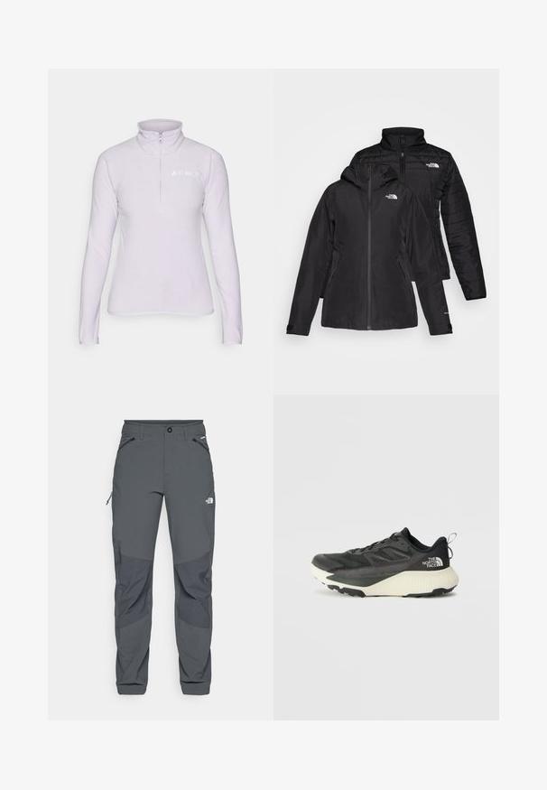 Giacca nera due in uno con uno strato esterno impermeabile dotato di cappuccio e uno strato interno trapuntato. Entrambi gli strati presentano chiusure con zip e loghi.; Pullover in fleece di colore viola chiaro con colletto a zip. Presenta maniche lunghe e un logo bianco nella zona del petto sinistro. Texture morbida.; Pantaloni outdoor grigio scuro con toppe rinforzate sulle ginocchia, tasche laterali e frontali con zip, chiusura con bottone e logo The North Face sulla coscia.; Scarpa da ginnastica nera con tomaia testurizzata, con accenti grigi e un sottopiede bianco. Include una linguetta sul retro e un logo del marchio ben visibile sul tallone.