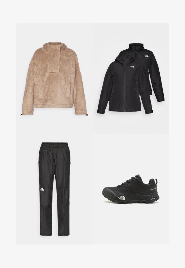 Melnā divu vienā jakā ir ūdensnecaurlaidīgs ārējais slānis ar kapuci un quiltēts iekšējais slānis. Abiem slāņiem ir rāvējslēdzēju aizdare un logotipi.; Mīksts beidžs džemperis ar augstu apkakli, ar nolaižamām piedurknēm un sānu kabatām. Tekstūrēts audums ar maigu, pūkainu izskatu.; Melnas ūdensnecaurlaidīgas bikses, kas izgatavotas no viegla materiāla, ar elastīgu jostu, sānu kabatām un logotipu uz kreisās kājas.; Melnas pārgājienu kurpes ar teksturētu augšdaļu, sašņorējumu un masīvu gumijas zoli, kurai ir izteikts logotips sānos un protektora raksti.