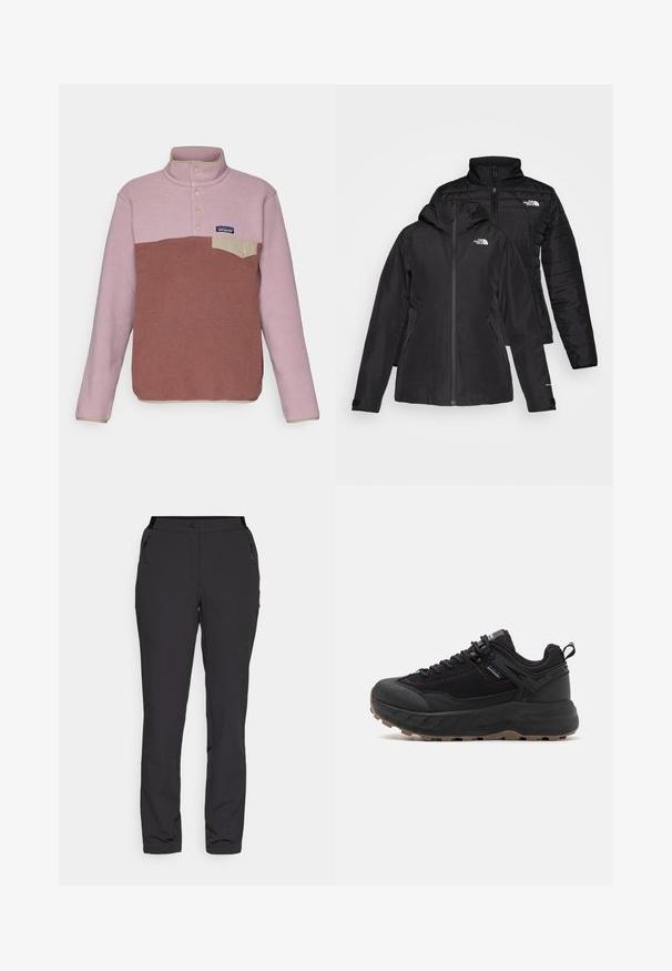 Juodas dvi viename džemperis, turintis nepralaidų išorinį sluoksnį su gobtuvu ir siuvinėtą vidinį sluoksnį. Abu sluoksniai turi užtrauktukų uždarymus ir logotipus.; Patagonia SNAP - Flisinis džemperis - dulse mauve; Juodi lauko kelnes, pagamintos iš lengvos medžiagos, turi tiesius kelnių kirpimus, užtrauktukais uždaromas šonines kišenes ir reguliuojamą juosmenį.; Juodi sportiniai batai su tekstūruota odos ir audinio viršutine dalimi, raštuota padu, sustiprintu pirštu ir reguliuojamu raišteliu.