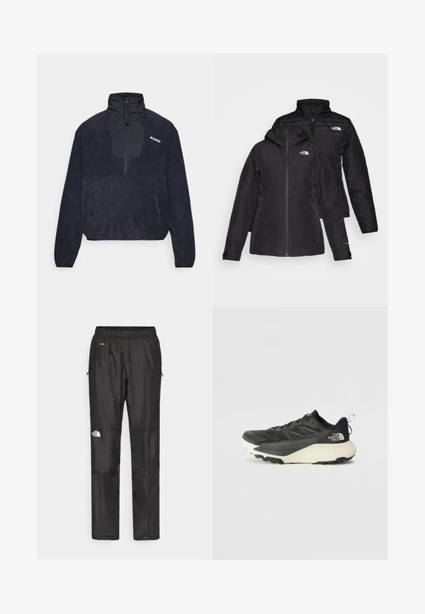 Musta kaksiosainen takki, jossa on vedenpitävä ulkokerros hupun kanssa ja käsitelty sisäkerros. Molemmissa kerroksissa on vetoketju ja logot.; Fleece pullover tummansinisessä värissä, korkea kaulus, puolivetoketju edessä, kaksi vetoketjullista sivutaskua ja tasainen pinta. Columbia-logo rinnassa.; Mustat vettä hylkivät housut kevyestä kankaasta, joissa on joustava vyötärö, sivutaskut ja logo vasemmassa lahkeessa.; Musta urheilukengä, jossa on teksturoitu päällinen, harmaita yksityiskohtia ja valkoinen välipohja. Sisältää vetotagin ja näkyvän tuotemerkin logon kantapäässä.