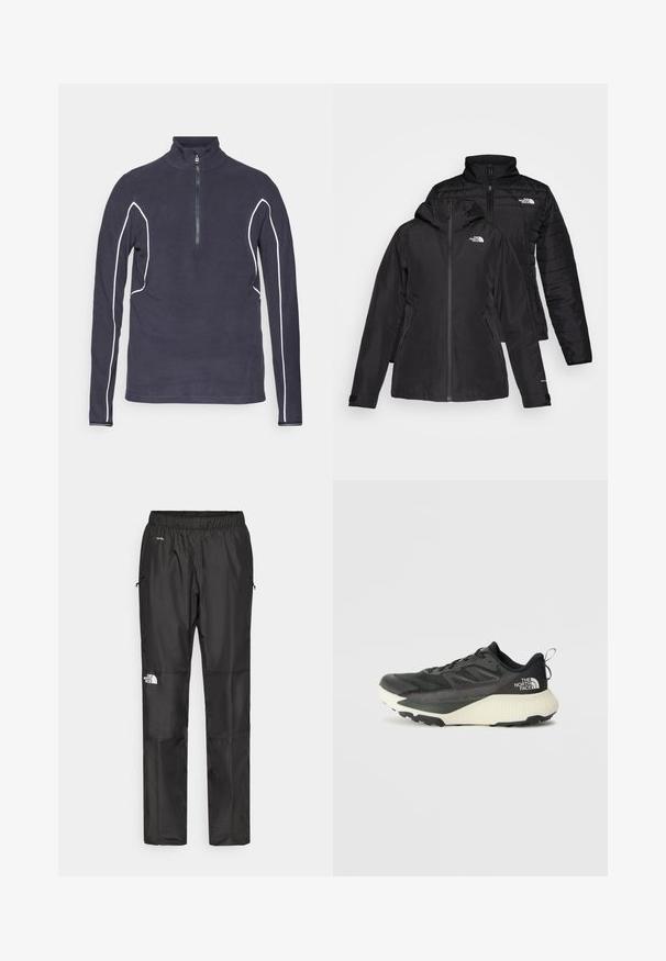 Must musta kahe-osaline jakk, millel on veekindel välimine kihte kapuutsiga ja sooja voodriga sisemine kihte. Mõlemal kihil on lukuga kinnitused ja logod.; Tumesinine tõmblukuga fleece pullover kõrge kaelusega, millel on valged kontrastsed õmbluspaelad ja metallist tõmblukk. Sile tekstuur.; Mustad veepidavad püksid, mis on valmistatud kergest kangast, elastse vöökoha, küljetaskute ja logo kahel jalal.; Musty mustusjalats musta pealisega, millel on tekstuur, hallid aktsendid ja valge vaheosa. Sisaldab tõmbeosa ning silmapaistvat brändi logo kandadel.