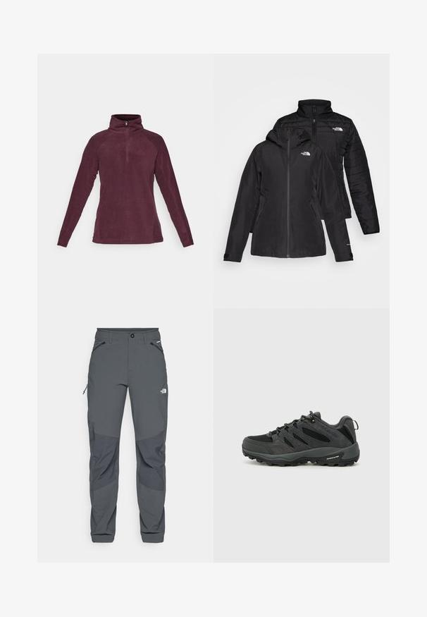 Fekete, két az egyben dzseki, vízálló külső résszel, kapucnival és bélelt belső résszel. Mindkét réteg cipzáros záródással és logókkal rendelkezik.; Columbia GLACIAL™ 1/2 ZIP - Polárpulóver - moonvista; Sötétszürke kültéri nadrág megerősített térdrésszel, cipzáras oldalsó és elülső zsebekkel, gombos záródással és A North Face logóval a combján.; Columbia REDMOND - Túracipők - black/citron haze
