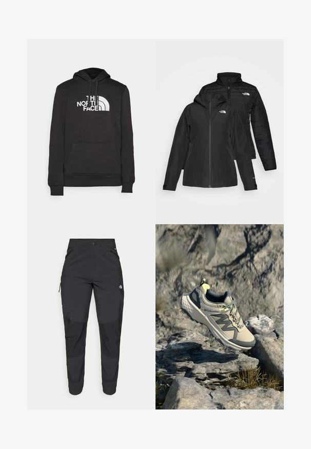 Melnā divu vienā jakā ir ūdensnecaurlaidīgs ārējais slānis ar kapuci un quiltēts iekšējais slānis. Abiem slāņiem ir rāvējslēdzēju aizdare un logotipi.; Melnā kapuce, izgatavota no kokvilnas maisījuma, ar kanguru kabatu, regulējamu saistīšanas kapuci un priekšējo grafiku ar baltu tekstu un logo.; Melnas āra bikses, kas izgatavotas no izturīgas auduma. Tām ir kabatas ar rāvējslēdzējiem, pastiprināti ceļu paneļi un taisna griezuma dizains, kas nodrošina kustību brīvību.; Columbia skriešanas apavi vieglā iedarbē un pelēkā krāsā. Acs augšdaļa ar strukturētu apdari, gumijas zole un atstarojošie elementi. Viegls dizains.