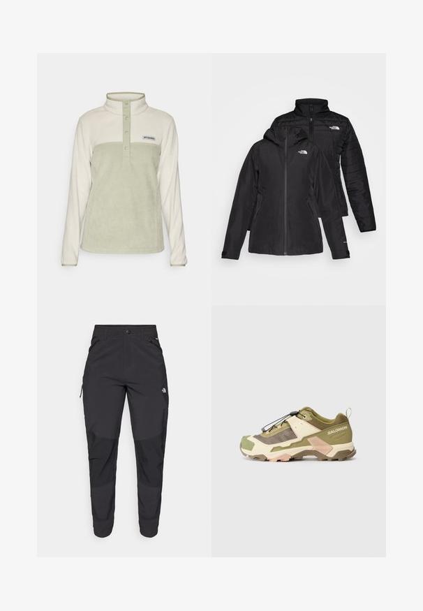 Fekete, két az egyben dzseki, vízálló külső résszel, kapucnival és bélelt belső résszel. Mindkét réteg cipzáros záródással és logókkal rendelkezik.; Columbia BENTON SPRINGS™ 1/2 SNAP - Polárpulóver - dark stone/safari; Fekete kültéri nadrág tartós anyagból. Cipzáros zsebekkel, megerősített térdpanellel és egyenes szabással a mozgékonyságért.; Salomon túracipő olíva zöld és krém színben, texturált szövetfelsőrésszel, megerősített orral, gyorsfűző rendszerrel és strapabíró gumitalppal.