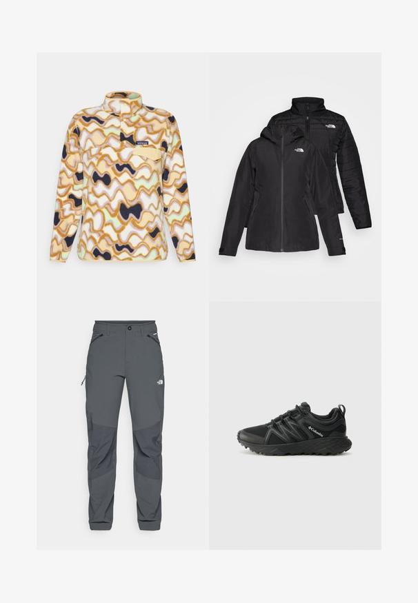 Črna jakna dva-v-enem, ki ima vodoodporen zunanji sloj s kapuco in prešito notranjo plast. Obe plasti imata zadrge in logotipe.; Patagonia SNAP - Pulover iz flisa - natural; Temno sivi zunanji hlače z ojačanimi koleni, zadrgo na stranskih in sprednjih žepih, gumbom za zapiranje ter logotipom The North Face na stegnu.; Columbia PEAKFREAK - Pohodniški čevlji - black