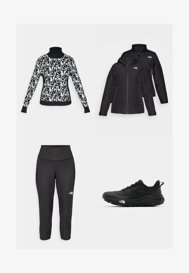 Black two-in-one jacket featuring a waterproof outer layer with a hood and a quilted inner layer. Both layers have zip closures and logos.; Black turtleneck sweater featuring a white abstract leaf pattern. Soft knit material, fitted design with long sleeves and ribbed cuffs.; Black capri leggings made from stretchy fabric, featuring a high waistband and a small white logo on the left side. Smooth texture.; The North Face OFFTRAIL VERSA - Hiking shoes - tnf black/tnf white