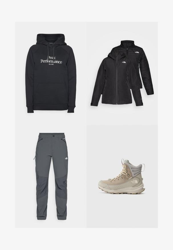 Zwarte twee-in-een jas met een waterdichte buitenlaag met capuchon en een gewatteerde binnenlaag. Beide lagen hebben ritssluitingen en logo's.; Peak Performance ORIGINAL HOOD - Hoodie - black/off white; Donkergrijze buitenbroek met versterkte kniezakken, met rits gesloten zij- en voorkruiken, knoopsluiting en het logo van The North Face op de dij.; Beige en grijze hoge hikingboot met een gevoerde enkelkraag, robuuste zool en het logo van The North Face aan de zijkant.