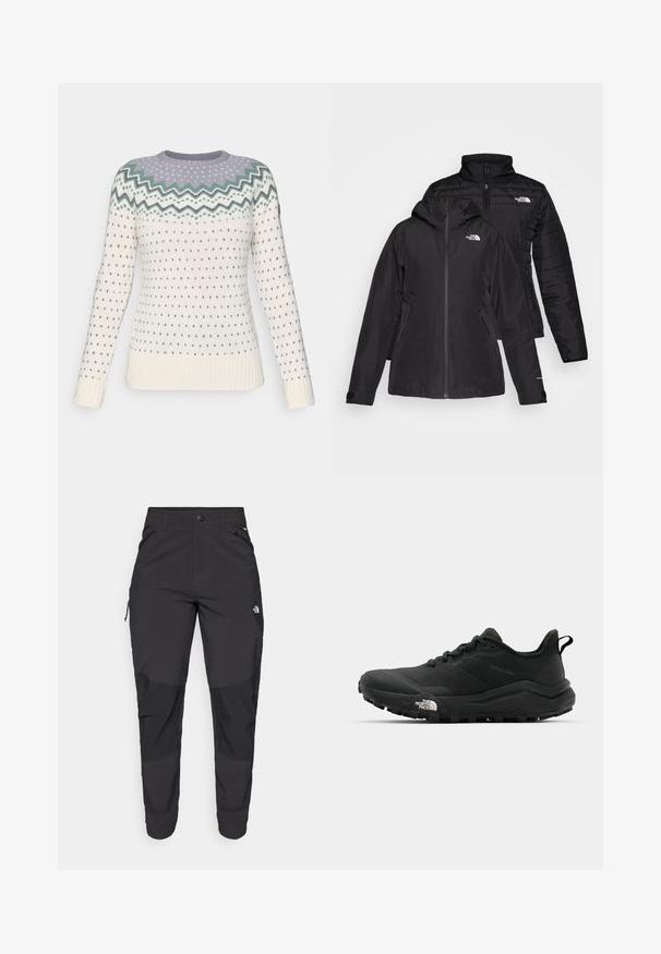 Black two-in-one jacket featuring a waterproof outer layer with a hood and a quilted inner layer. Both layers have zip closures and logos.; Knitted sweater in cream with a zigzag pattern in light purple and green at the neckline. Features small blue hearts and ribbed cuffs.; Black outdoor pants made of durable fabric. Feature zippered pockets, reinforced knee panels, and a straight cut design for mobility.; The North Face OFFTRAIL VERSA - Hiking shoes - tnf black/tnf white
