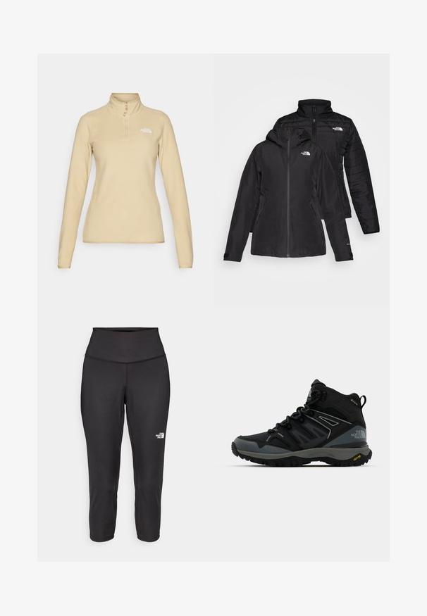 Sort to-i-én jakke med et vandtæt yderlag med hætte og et quiltet inderlag. Begge lag har lynlåslukninger og logoer.; The North Face 100 GLACIER 1/4 ZIP - Fleecetrøjer - khaki stone; Sorte capri leggings lavet af strækbart stof, med en høj talje og et lille hvidt logo på venstre side. Glat tekstur.; Mellemhøj vandrestøvle i sort og grå. Har en struktureret overdel, forstærket tå og Vibram ydersål for godt greb. Letvægtsdesign.