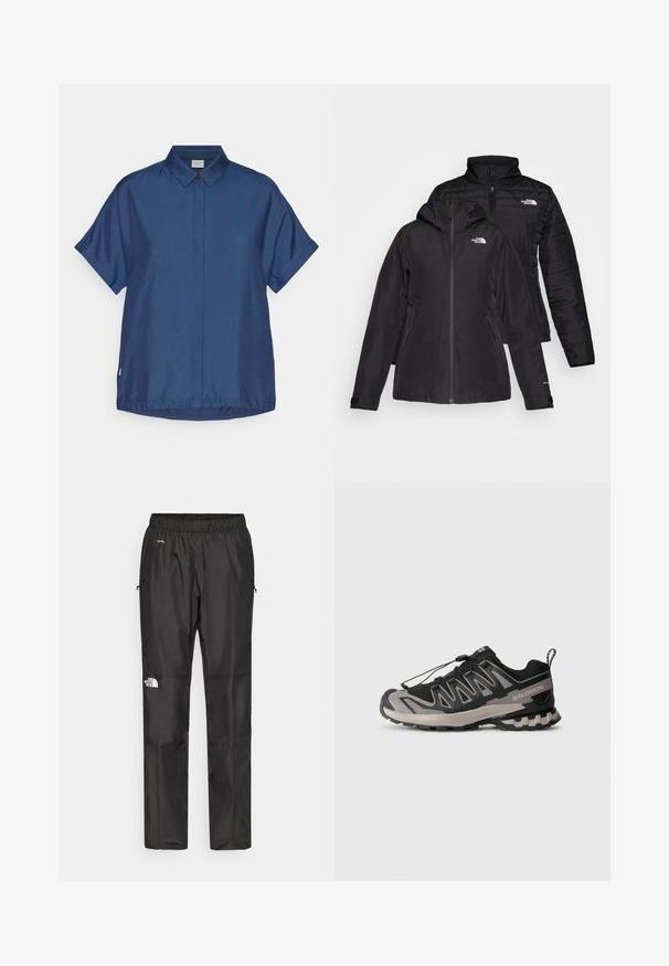 Zwarte twee-in-een jas met een waterdichte buitenlaag met capuchon en een gewatteerde binnenlaag. Beide lagen hebben ritssluitingen en logo's.; Marineblauwe overhemd met korte mouwen, gemaakt van een gladde stof. Kenmerkt zich door een klassieke kraag, een sluiting met knopen aan de voorkant en een relaxte pasvorm met een rechte zoom.; Zwarte waterdichte broek van lichtgewicht stof, uitgerust met een elastische tailleband, zijzakken en een logo op het linkerpijp.; Zwart en grijs sportieve schoen met een bovenwerk van mesh, rubberen zool en een elastisch vetersysteem. Heeft een verstevigde neus en textuuraccenten.