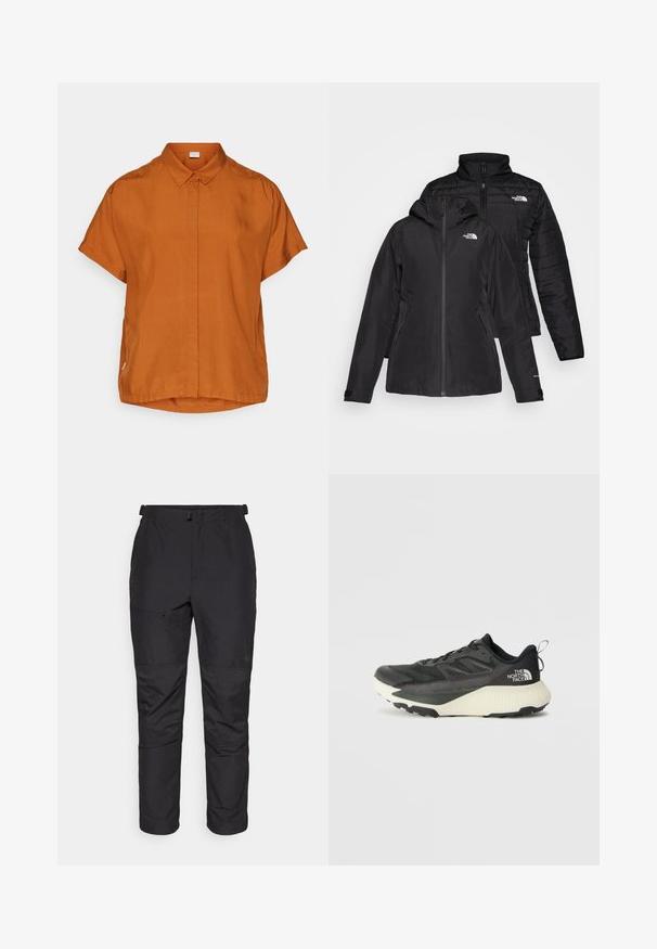 Czarna kurtka 2 w 1 z wodoodporną zewnętrzną warstwą z kapturem oraz pikowaną wewnętrzną warstwą. Obie warstwy mają zapięcia na zamek i logo.; Pomarańczowa koszula z krótkim rękawem wykonana z lekkiego materiału, z guzikiem z przodu, kołnierzykiem oraz lekko zaokrąglonym dołem.; Czarne spodnie outdoorowe wykonane z lekkiego materiału, charakteryzujące się gładką fakturą, elastycznym pasem, kieszenią na zamek oraz detalami w postaci paneli na dolnych nogawkach.; Czarne sportowe buty z teksturowaną cholewką, z szarymi akcentami i białą podeszwą środkową. Zawierają pętelkę do zakładania oraz wyraźne logo marki na pięcie.