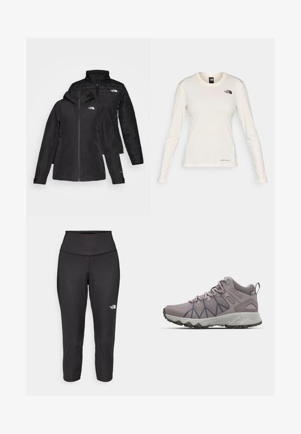 Black two-in-one jacket featuring a waterproof outer layer with a hood and a quilted inner layer. Both layers have zip closures and logos.; The North Face SHADOW LONG SLEEVE - Long sleeved top - white dune; Black capri leggings made from stretchy fabric, featuring a high waistband and a small white logo on the left side. Smooth texture.; Light purple hiking shoes with mesh and synthetic upper, textured patterns on sides, cushioning midsole, and rugged rubber outsole.