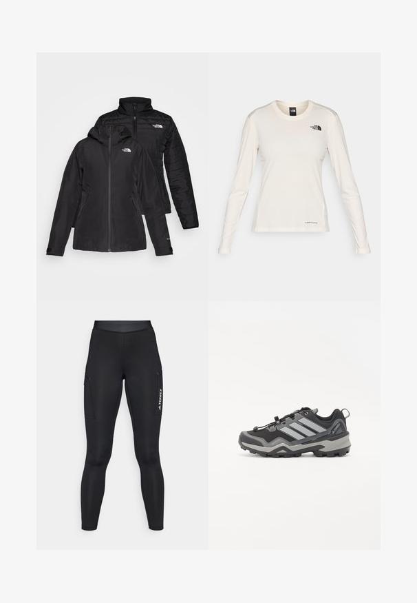 Black two-in-one jacket featuring a waterproof outer layer with a hood and a quilted inner layer. Both layers have zip closures and logos.; The North Face SHADOW LONG SLEEVE - Long sleeved top - white dune; Black athletic leggings with a fitted design, made of stretchy material. Features side pockets and white "TERREX" branding.; Black and grey hiking shoe with a textured surface, rubber sole, and three prominent grey stripes on the side; features a quick-lace system.