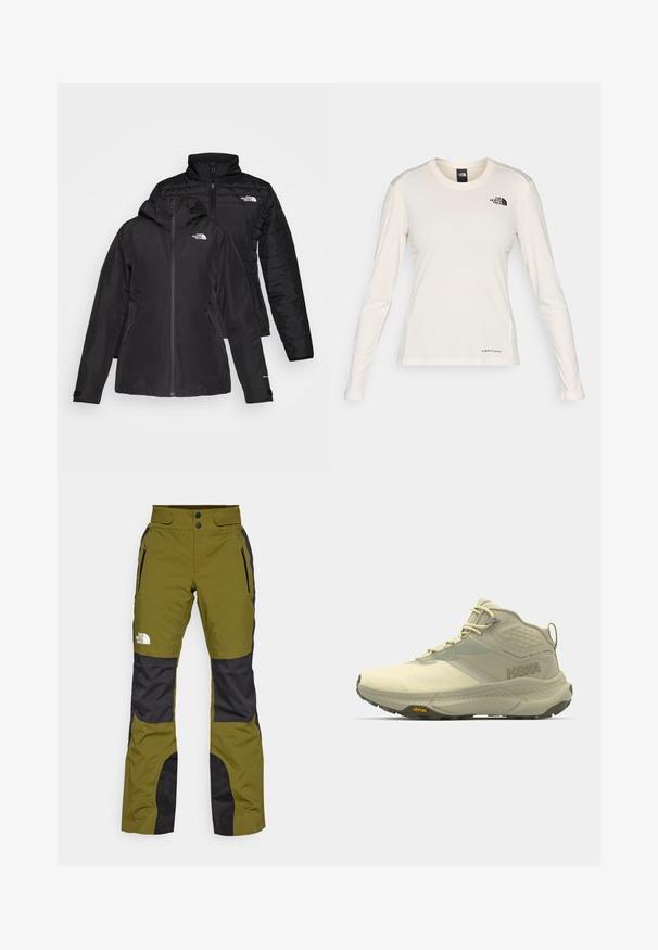Černá dvoudílná bunda s voděodolnou vnější vrstvou a kapucí a prošívanou vnitřní vrstvou. Obě vrstvy mají zipové uzávěry a loga.; The North Face SHADOW LONG SLEEVE - Top s dlouhým rukávem - white dune; Olivově zelené venkovní kalhoty s černými akcenty, vyrobené z odolného materiálu. Obsahují dvě kapsy na zip a pás na dvojité knoflíky.; Hikingová bota Hoka ve světle béžové, s texturovaným svrškem, šněrováním a Vibram podrážkou. Výrazné boční logo a podpůrný design.