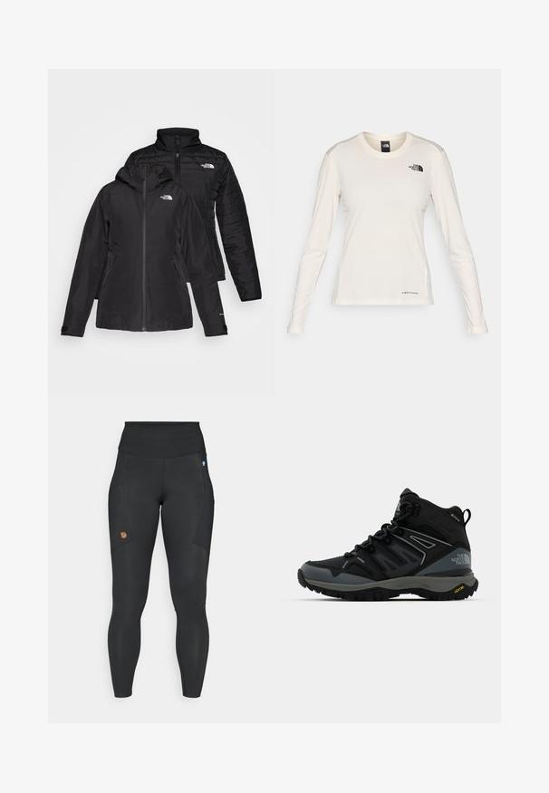 Musta kaksiosainen takki, jossa on vedenpitävä ulkokerros hupun kanssa ja käsitelty sisäkerros. Molemmissa kerroksissa on vetoketju ja logot.; The North Face SHADOW LONG SLEEVE - Pitkähihainen paita - white dune; Mustat leggingsit, jotka on valmistettu joustavasta materiaalista, jossa on korkea vyötärö, sivutaskut ja pieni ruskea logopatchi vasemmassa reidessä.; Keski-korkea vaelluskengät mustana ja harmaana. Ominaisuuksiin kuuluu teksturoitu päällinen, vahvistettu varvas ja Vibram-pohja pitoa varten. Kevyt muotoilu.