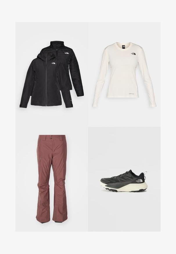 Čierna dvojvrstvová bunda s vodeodolnou vonkajšou vrstvou a kapucňou a prešívanou vnútornou vrstvou. Obe vrstvy majú zipsy a logá.; The North Face SHADOW LONG SLEEVE - Top s dlhým rukávom - white dune; Vodoodolné vínové snehové nohavice so slim fit strihom, dvoma prednými vreckami a zipsovými bočnými ventilmi pre priedušnosť. Obsahujú vystužené manžety.; Čierna atletická obuv s textúrovaným vrchom, s šedými akcentmi a bielou medzipodrážkou. Obsahuje pútko a výrazné logo značky na päte.