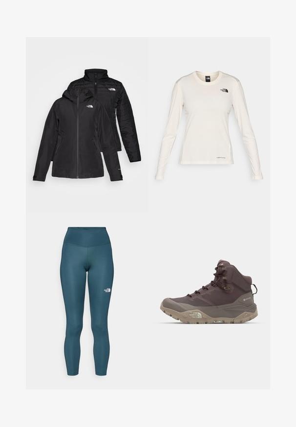 Črna jakna dva-v-enem, ki ima vodoodporen zunanji sloj s kapuco in prešito notranjo plast. Obe plasti imata zadrge in logotipe.; The North Face SHADOW LONG SLEEVE - Majica z dolgimi rokavi - white dune; Teal leggingi z visokim pasom, izdelani iz raztegljive tkanine. Imajo majhen bel logo na levi strani in šivano detajlno obrobo ob šivih.; The North Face OFFTRAIL MID GORE TEX - Pohodniški čevlji - tawny quartz/mocha brown