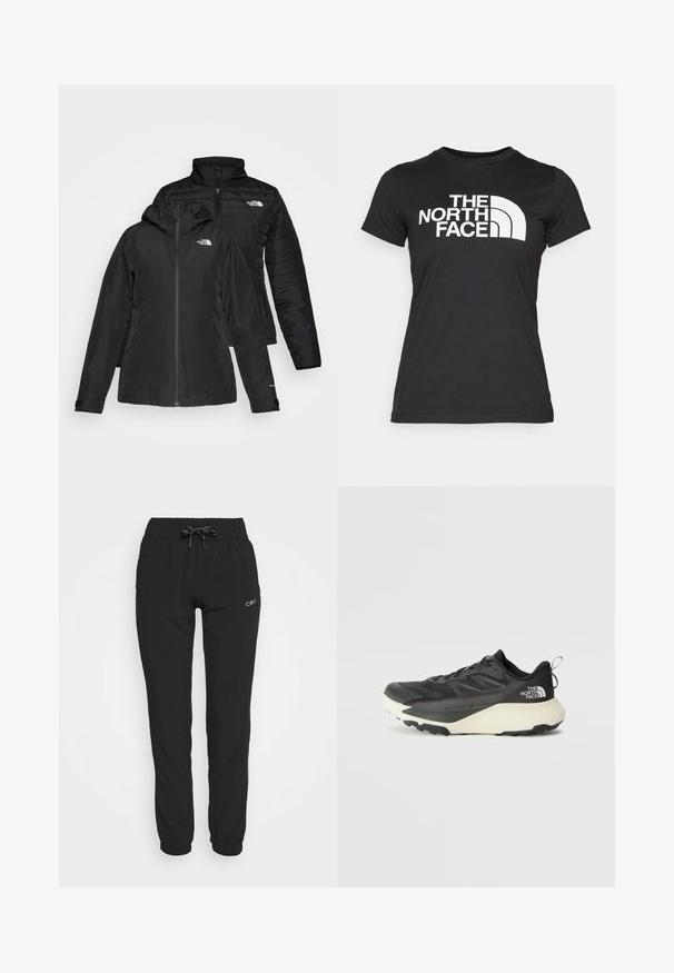 Fekete, két az egyben dzseki, vízálló külső résszel, kapucnival és bélelt belső résszel. Mindkét réteg cipzáros záródással és logókkal rendelkezik.; Fekete, pamutból készült póló, rövid ujjakkal. Nagy, fehér logószöveg és ívelt grafika található az elején. Sima textúra.; Fekete jogger nadrág rugalmas derékkal és húzózsinórral, tapered lábakkal és elasztikus mandzsettával. Simító, könnyű anyagból készült.; Fekete sportcipő, texturált felsőrésszel, szürke kiegészítőkkel és fehér középtalppal. Húzófüllel és kiemelkedő márkalandírral a sarkán.