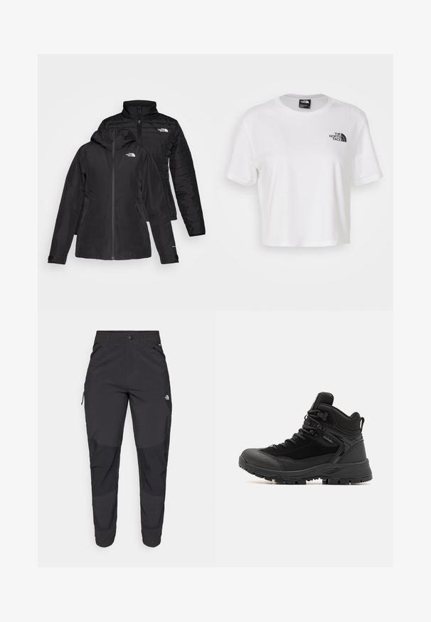 Čierna dvojvrstvová bunda s vodeodolnou vonkajšou vrstvou a kapucňou a prešívanou vnútornou vrstvou. Obe vrstvy majú zipsy a logá.; Biela skrátená tričká vyrobené z bavlny s okrúhlym výstrihom a krátkymi rukávmi. Obsahuje čierne logo na ľavej hrudi.; Čierne vonkajšie nohavice vyrobené z odolného materiálu. Obsahujú vrecká na zips, zosilnené kolenné panely a rovný strih pre pohyblivosť.; Čierne turistické topánky s kombináciou syntetických materiálov a semišu, vysoký strih, zosilnená špička, textúrovaná podrážka a šnurovanie.