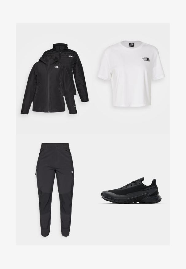 Musta kaksiosainen takki, jossa on vedenpitävä ulkokerros hupun kanssa ja käsitelty sisäkerros. Molemmissa kerroksissa on vetoketju ja logot.; Valkoinen lyhythihainen puuvillapaita, jossa on pyöreä kaula-aukko ja lyhyet hihat. Paidassa on musta logo vasemmassa rinnassa.; Mustat ulkona käytettävät housut, jotka on valmistettu kestävästä kankaasta. Ominaisuuksiin kuuluvat vetoketjulliset taskut, vahvistetut polvilevyt ja suora leikkaus, joka mahdollistaa liikkuvuuden.; Musta juoksukenkä, jossa on teksturoitu kumipohja, hengittävä päällinen ja litteät nauhat. Ominaisuuksiin kuuluu tukevat kantapäät ja sulavalinjainen muotoilu.