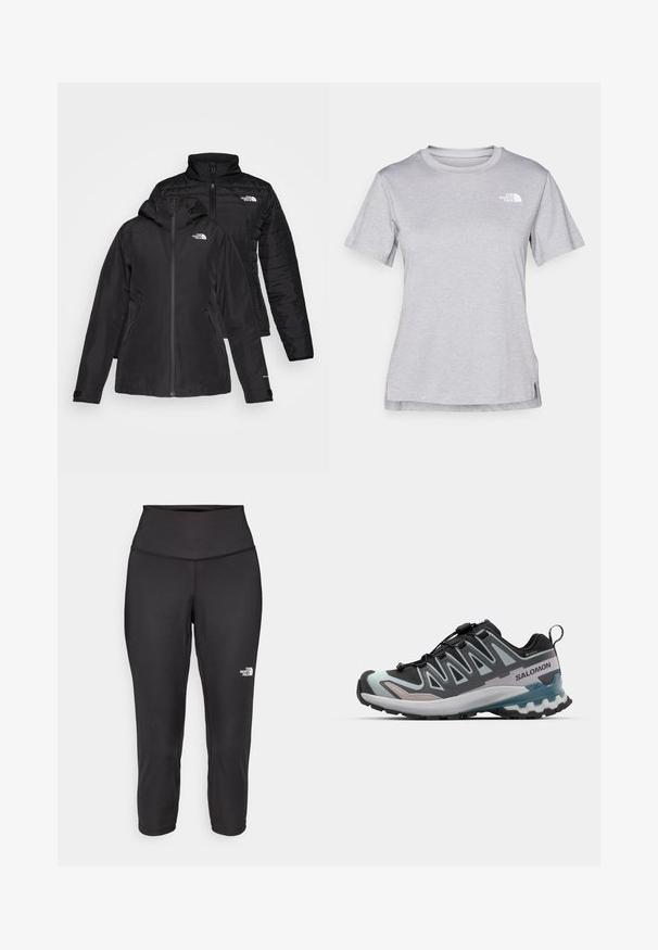 Casaco preto dois em um com uma camada externa à prova d'água e capuz, e uma camada interna acolchoada. Ambas as camadas têm fechos de zíp e logótipos.; T-shirt cinza de mangas curtas feito de um tecido suave e que absorve a humidade. Apresenta um decote redondo e um pequeno logotipo branco na parte superior esquerda.; Leggings capri pretos feitos de um tecido elástico, com uma cintura alta e um pequeno logótipo branco no lado esquerdo. Textura suave.; Sapatilha de trail running preta e cinza com parte superior em malha, sistema de atacadores elásticos, sola texturizada e detalhes azul claro na entressola.