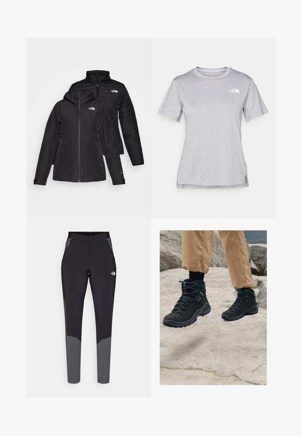Musta kaksiosainen takki, jossa on vedenpitävä ulkokerros hupun kanssa ja käsitelty sisäkerros. Molemmissa kerroksissa on vetoketju ja logot.; Harmaa lyhythihainen t-paita, joka on valmistettu pehmeästä, kosteutta siirtävästä kankaasta. Siinä on pyöreä kaula-aukko ja pieni valkoinen logo vasemmassa yläkulmassa.; Mustat ulkoiluhousut harmailla yksityiskohdilla, joissa on vartalonmyötäinen malli, joustava vyötärö, vetskarlaukut ja kestävä, kevyt materiaali.; Mustat vaelluskengät, joissa on teksturoitu materiaali, tukeva muotoilu, siniset yksityiskohdat ja kestävä pohja, aseteltuna kiviselle maastolle.