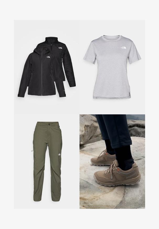 Svart to-i-én-jakke med et vanntett ytterlag og hette, samt et quiltet indre lag. Begge lagene har glidelåslukking og logoer.; Grå kortermet t-skjorte laget av myk, fukttransporterende stoff. Har en rund hals og en liten hvit logo på øvre venstre side.; The North Face EXPLORATION PANTS - Friluftsbukser - new taupe green; Beige tursko laget av semsket skinn og nettverk med grå detaljer og livlige oransje snorer. Gore-Tex merkevare synlig på siden.