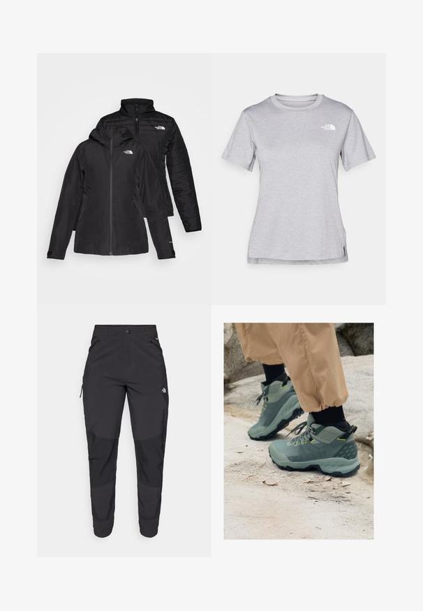 Črna jakna dva-v-enem, ki ima vodoodporen zunanji sloj s kapuco in prešito notranjo plast. Obe plasti imata zadrge in logotipe.; Siva kratka majica s kratkimi rokavi, izdelana iz mehkega, vlago odvračajočega materiala. Ima okroglo izrez in majhen bel logotip na zgornji levi strani.; Črne zunanje hlače iz trpežnega materiala. Imajo žepke na zadrgo, ojačane kolenske dele in ravno krojeno zasnovo za prosto gibanje.; Mammut zunanje čevlje v zatemnjeni zeleni barvi s teksturiranim zgornjim delom, rumenimi poudarki in trdim črnim podplatom. Trajna zasnova za zunanje aktivnosti.